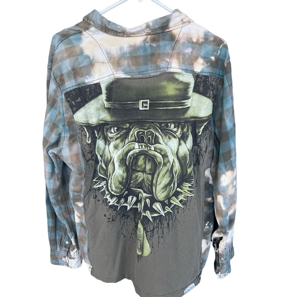 Folktown Shirt Mens Large Button Up Flannel Tie Dye Plaid Marine Bulldog Grunge